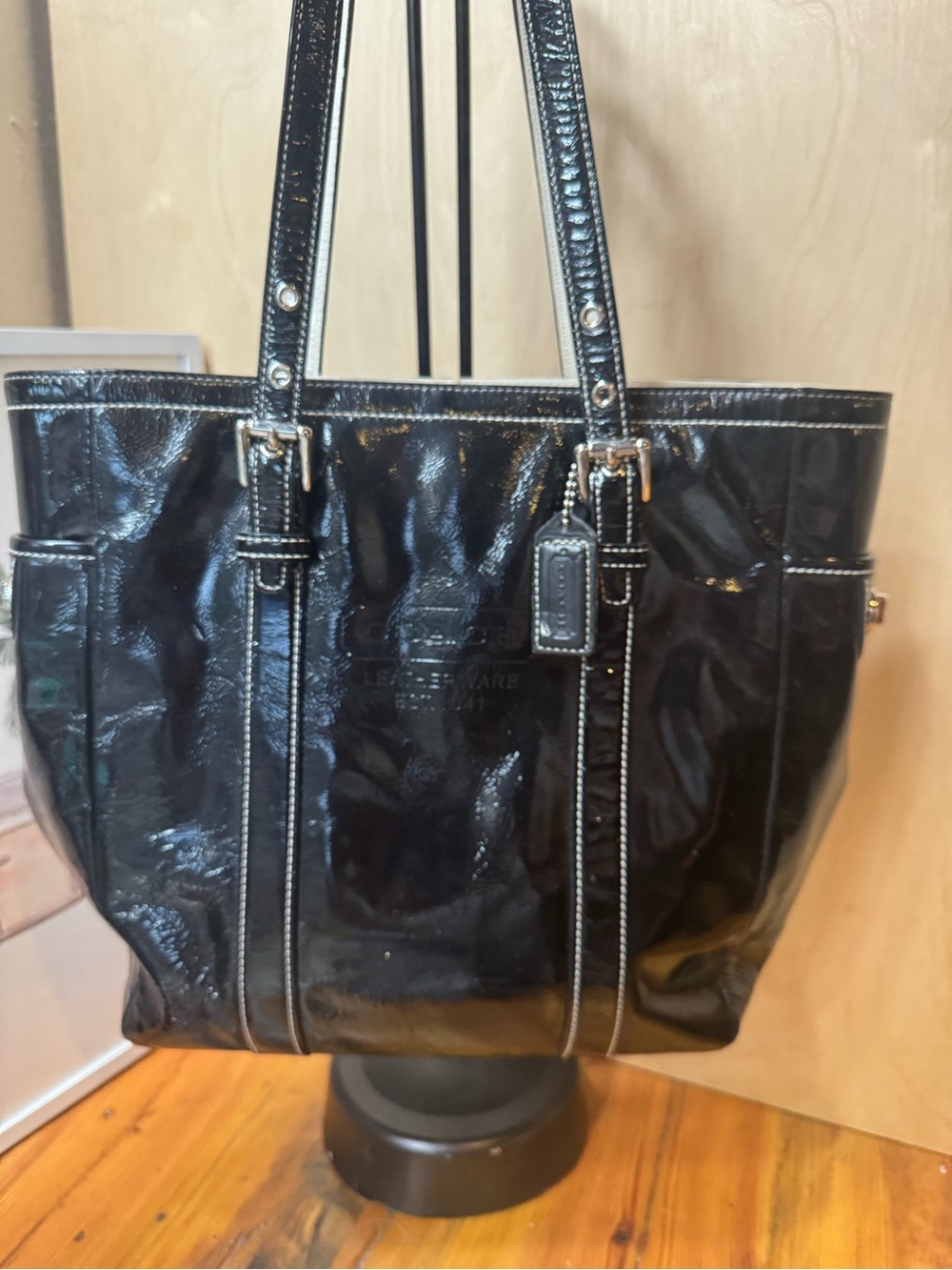 Coach Shiny Black Patent Tote with Contrast Stitching